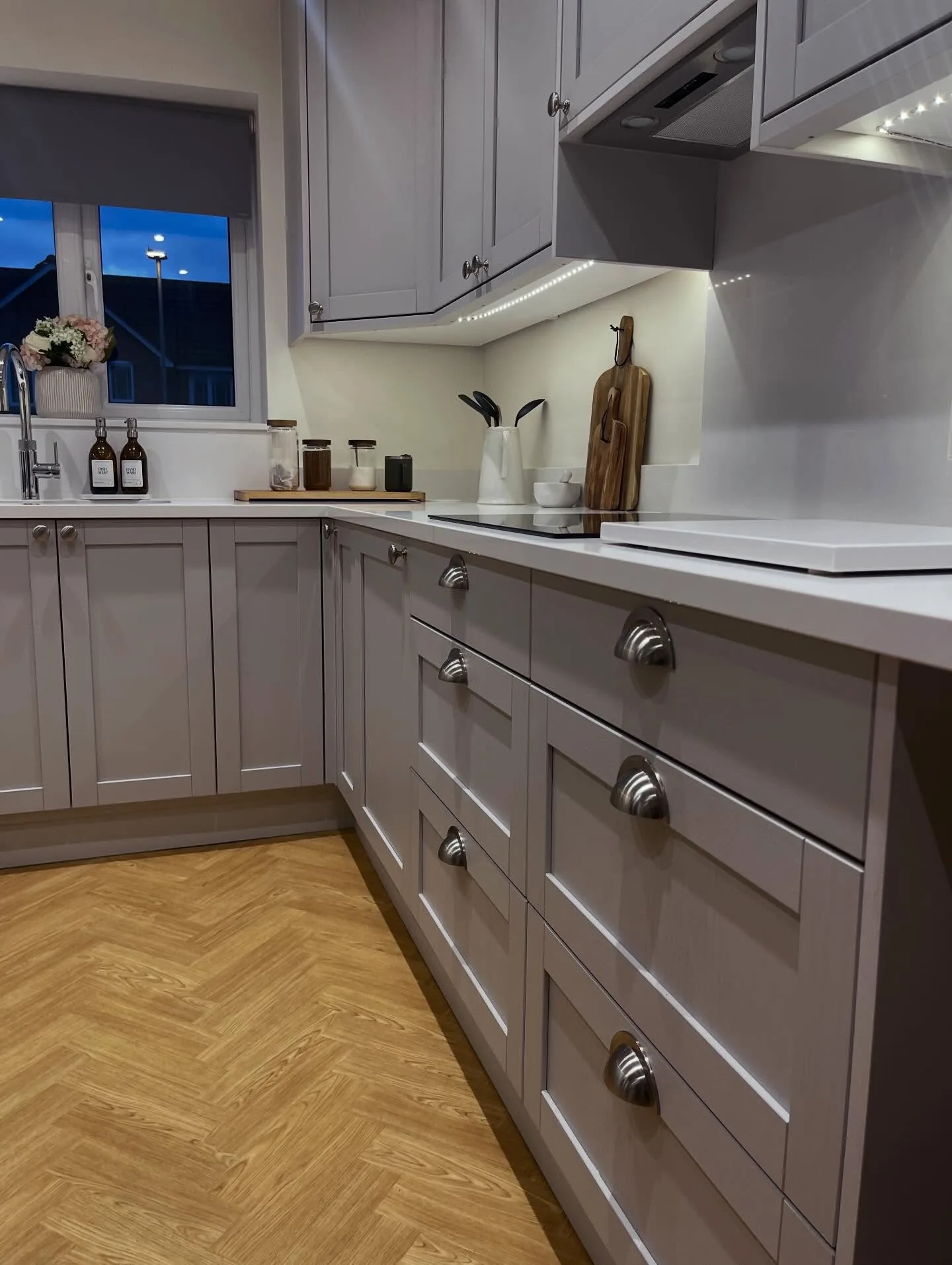 Close up of kitchen worktop and cabinet detail
