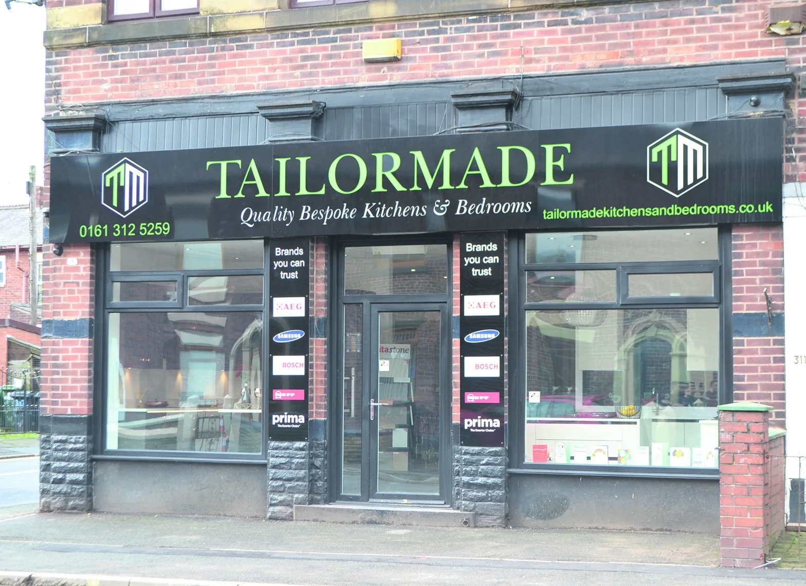 Tailormade Kitchens & Bedrooms shopfront and showroom entrance in Royton, Oldham